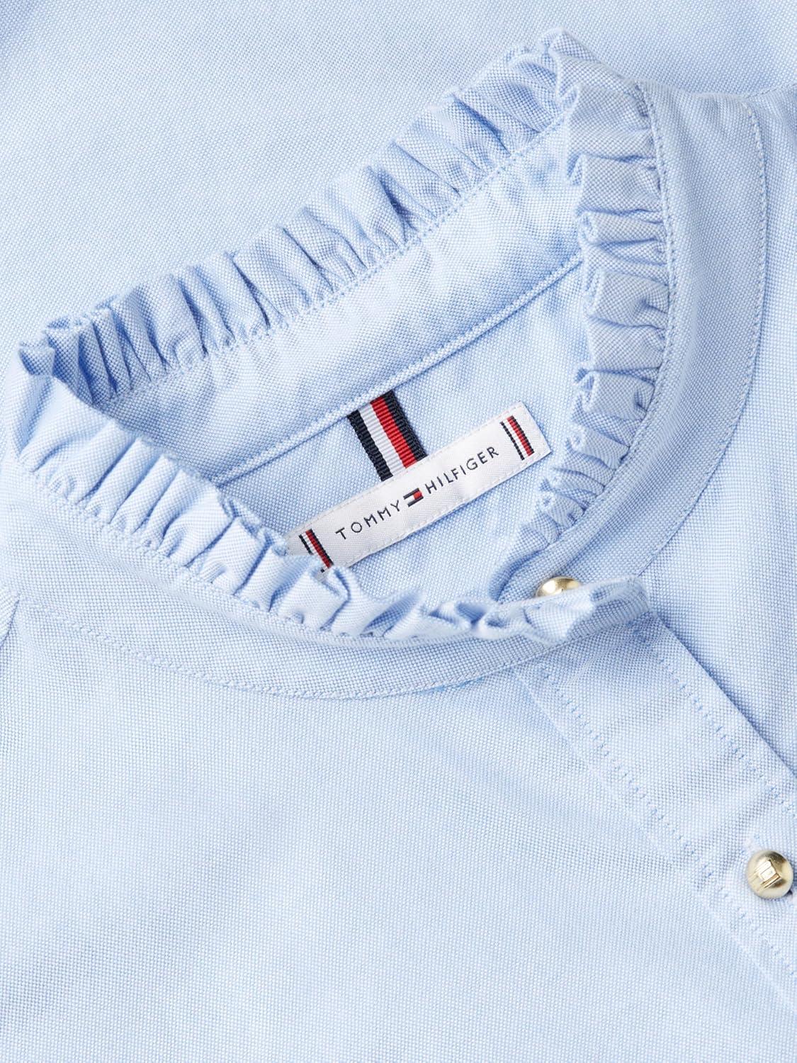imageTommy Hilfiger Womens Oxford Cropped Long Sleeve Button Down Shirt with Ruffle DetailMid Blue