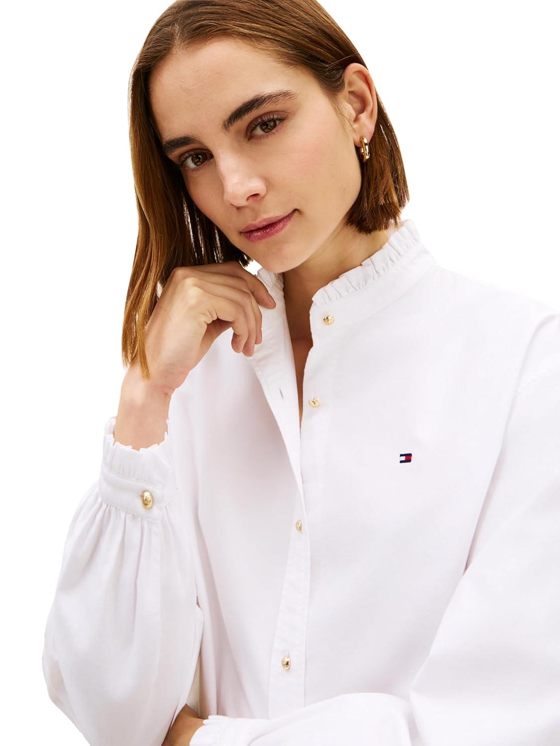 imageTommy Hilfiger Womens Oxford Cropped Long Sleeve Button Down Shirt with Ruffle DetailOptic White