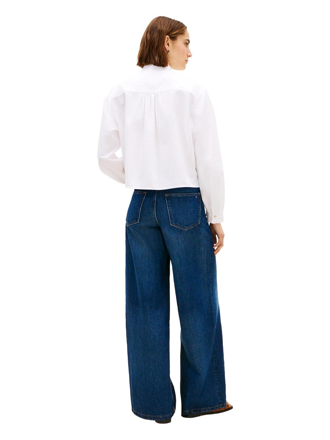 imageTommy Hilfiger Womens Oxford Cropped Long Sleeve Button Down Shirt with Ruffle DetailOptic White