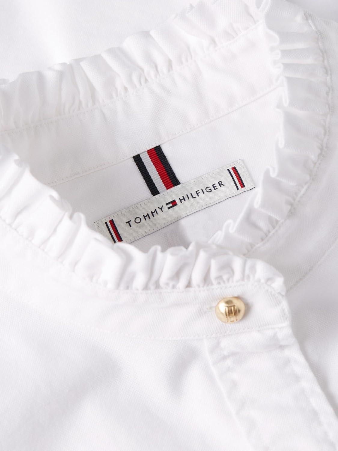 imageTommy Hilfiger Womens Oxford Cropped Long Sleeve Button Down Shirt with Ruffle DetailOptic White