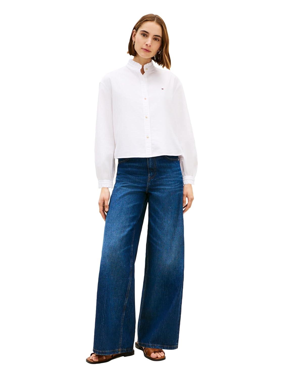 imageTommy Hilfiger Womens Oxford Cropped Long Sleeve Button Down Shirt with Ruffle DetailOptic White