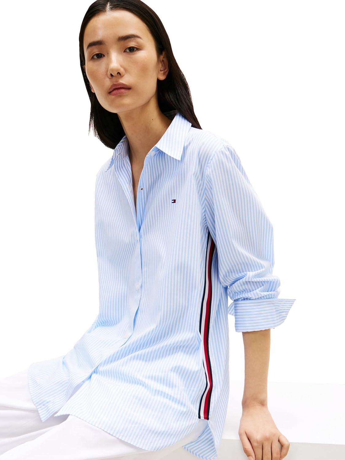 imageTommy Hilfiger Womens Oxford Long Sleeve Button Down Shirt in Regular Fit with Side DetailClassic Ithaca White Vessel Blue