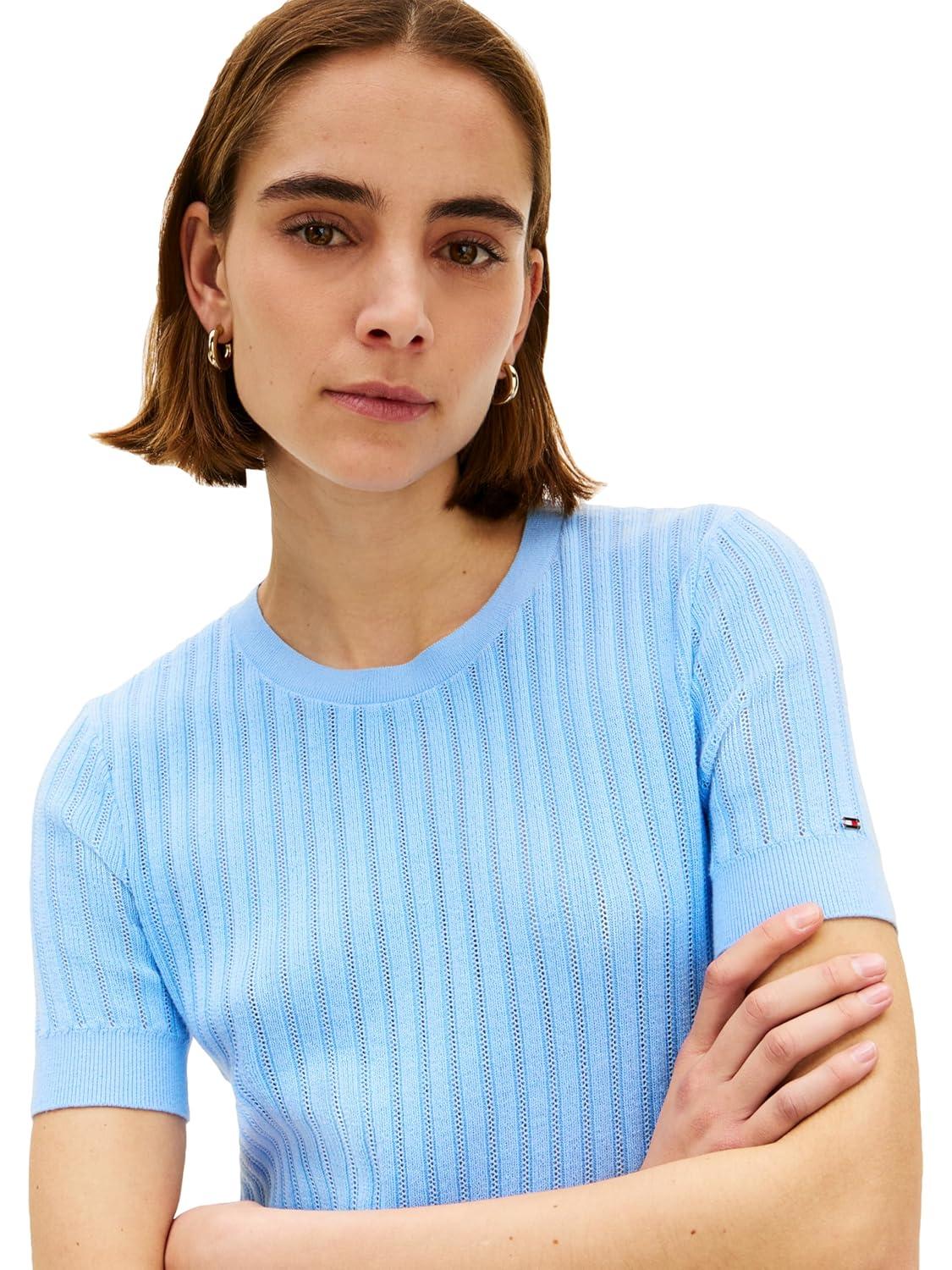 imageTommy Hilfiger Womens Pointelle Short Sleeve Cotton Crew Neck SweaterVessel Blue
