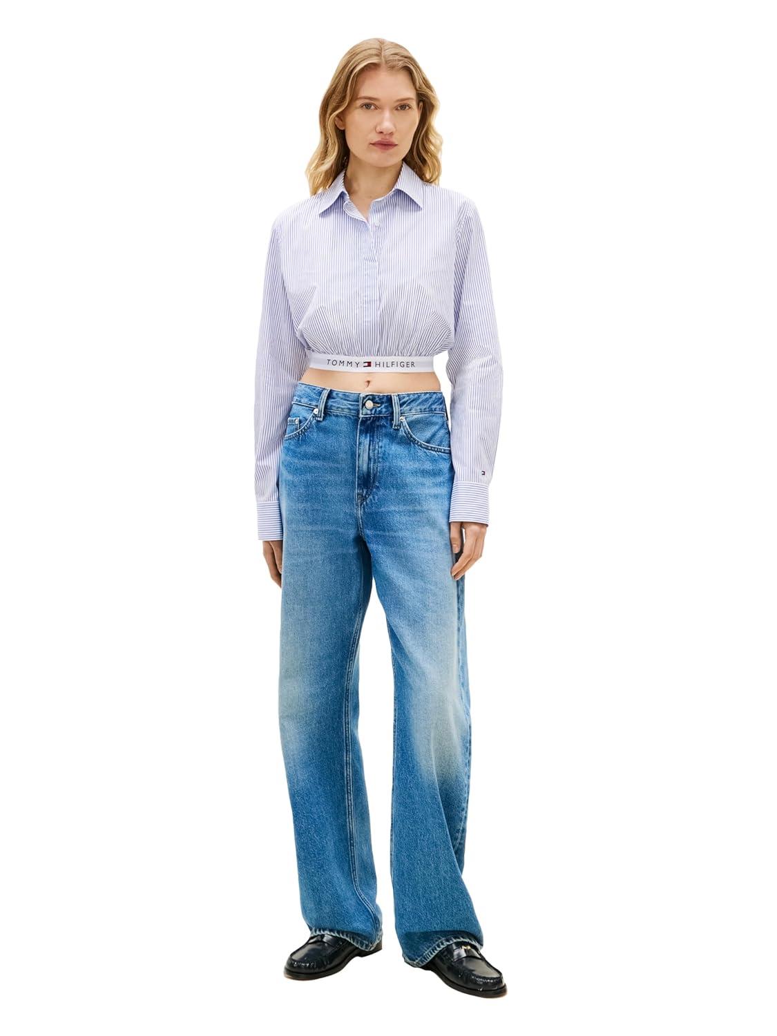 imageTommy Hilfiger Womens Poplin Cropped Long Sleeve Button Down Shirt with Elastic WaistbandMisty Lazuli Blue Stripe