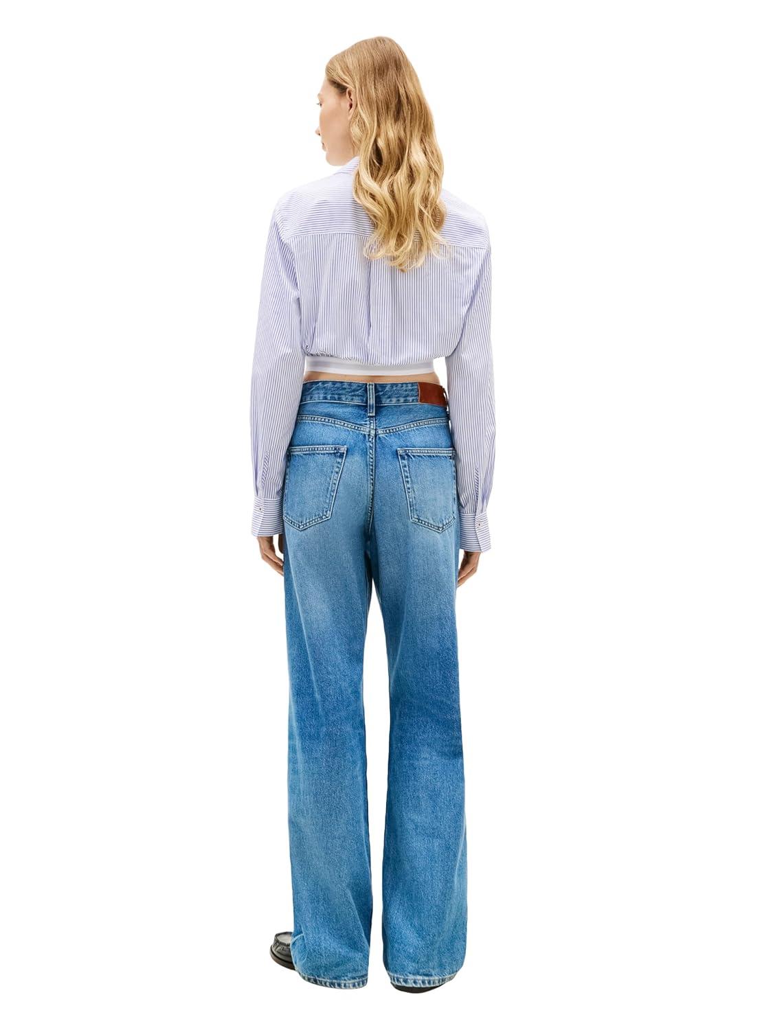 imageTommy Hilfiger Womens Poplin Cropped Long Sleeve Button Down Shirt with Elastic WaistbandMisty Lazuli Blue Stripe