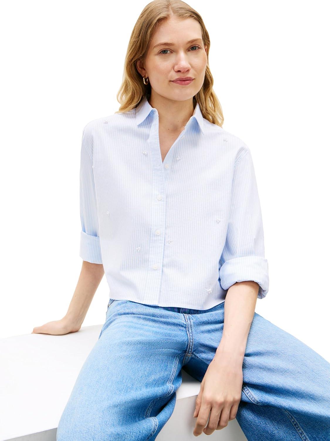 imageTommy Hilfiger Womens Poplin Cropped Long Sleeve Button Down Shirt with Pearl EmbellishmentClassic Ithaca White Vessel Blue