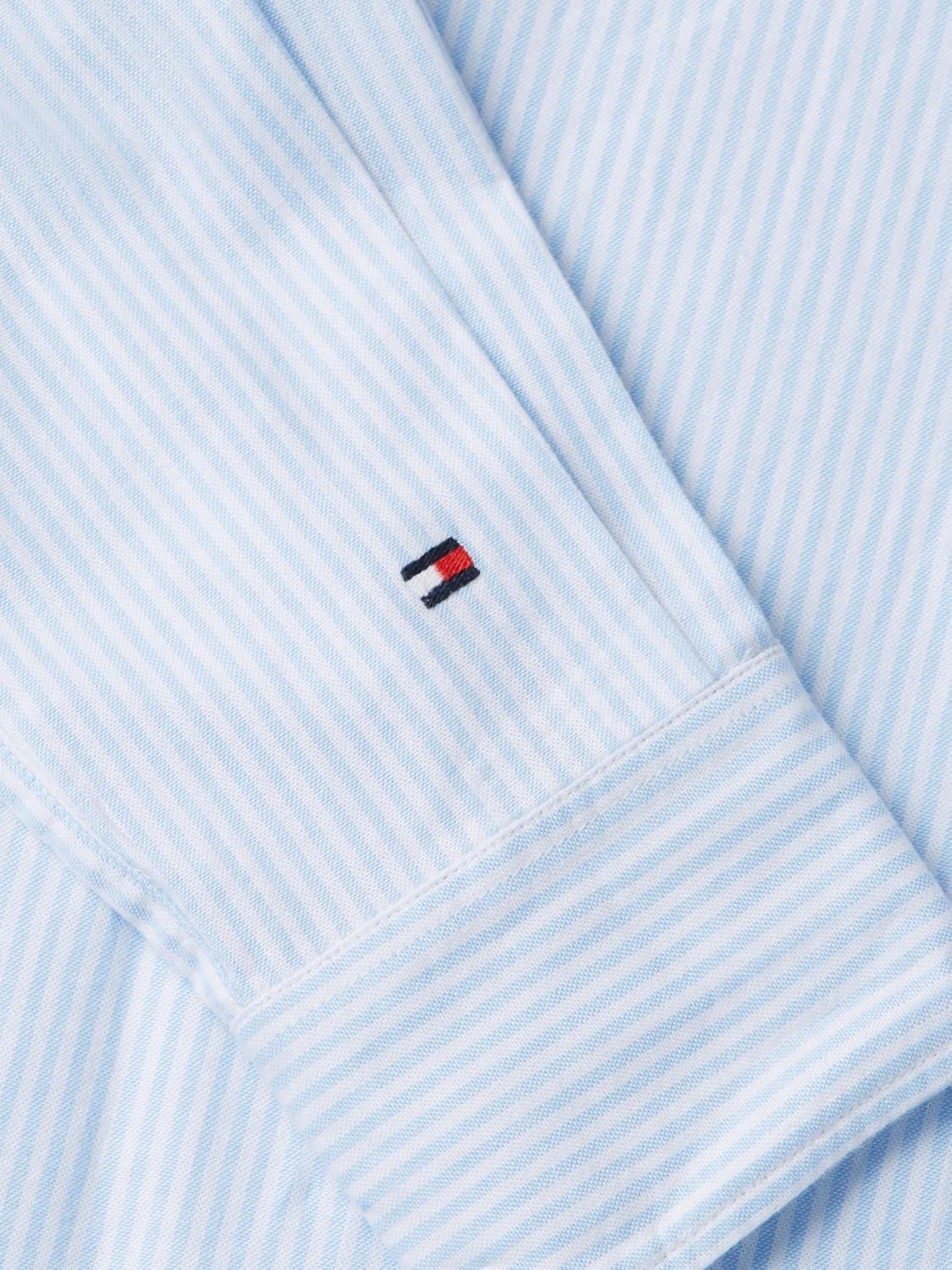 imageTommy Hilfiger Womens Poplin Cropped Long Sleeve Button Down Shirt with Pearl EmbellishmentClassic Ithaca White Vessel Blue