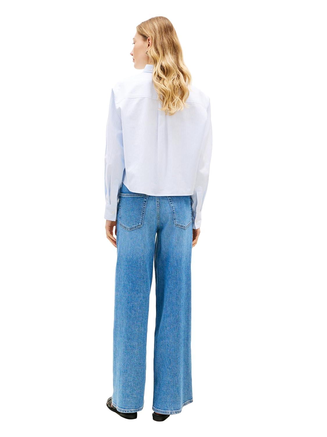 imageTommy Hilfiger Womens Poplin Cropped Long Sleeve Button Down Shirt with Pearl EmbellishmentClassic Ithaca White Vessel Blue