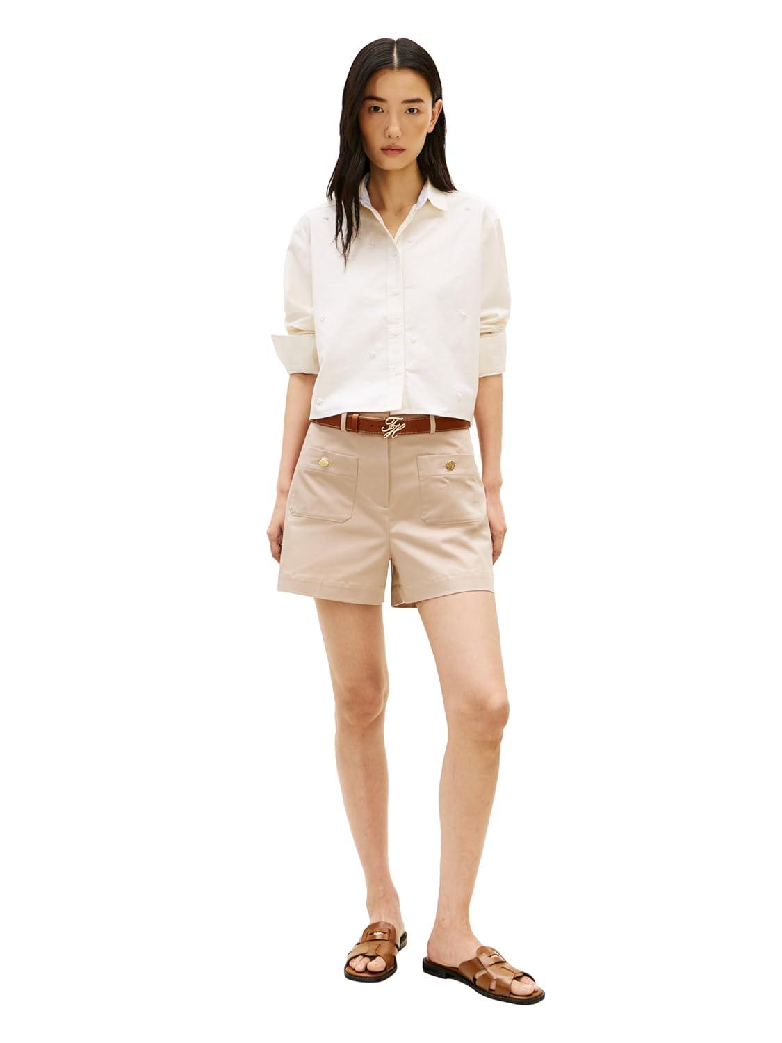 imageTommy Hilfiger Womens Poplin Cropped Long Sleeve Button Down Shirt with Pearl EmbellishmentEcru