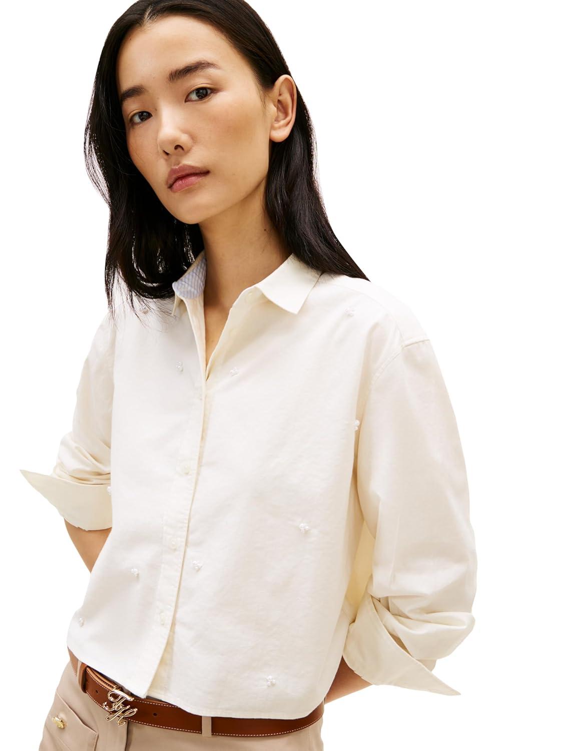 imageTommy Hilfiger Womens Poplin Cropped Long Sleeve Button Down Shirt with Pearl EmbellishmentEcru
