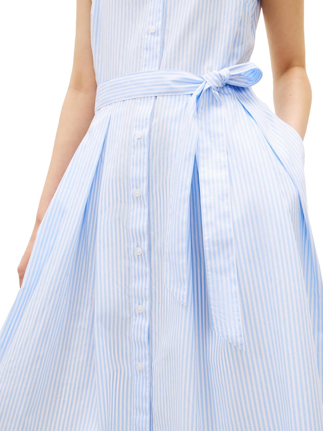 imageTommy Hilfiger Womens Poplin Frill Sleeveless Shirt DressClassic Ithaca White Vessel Blue