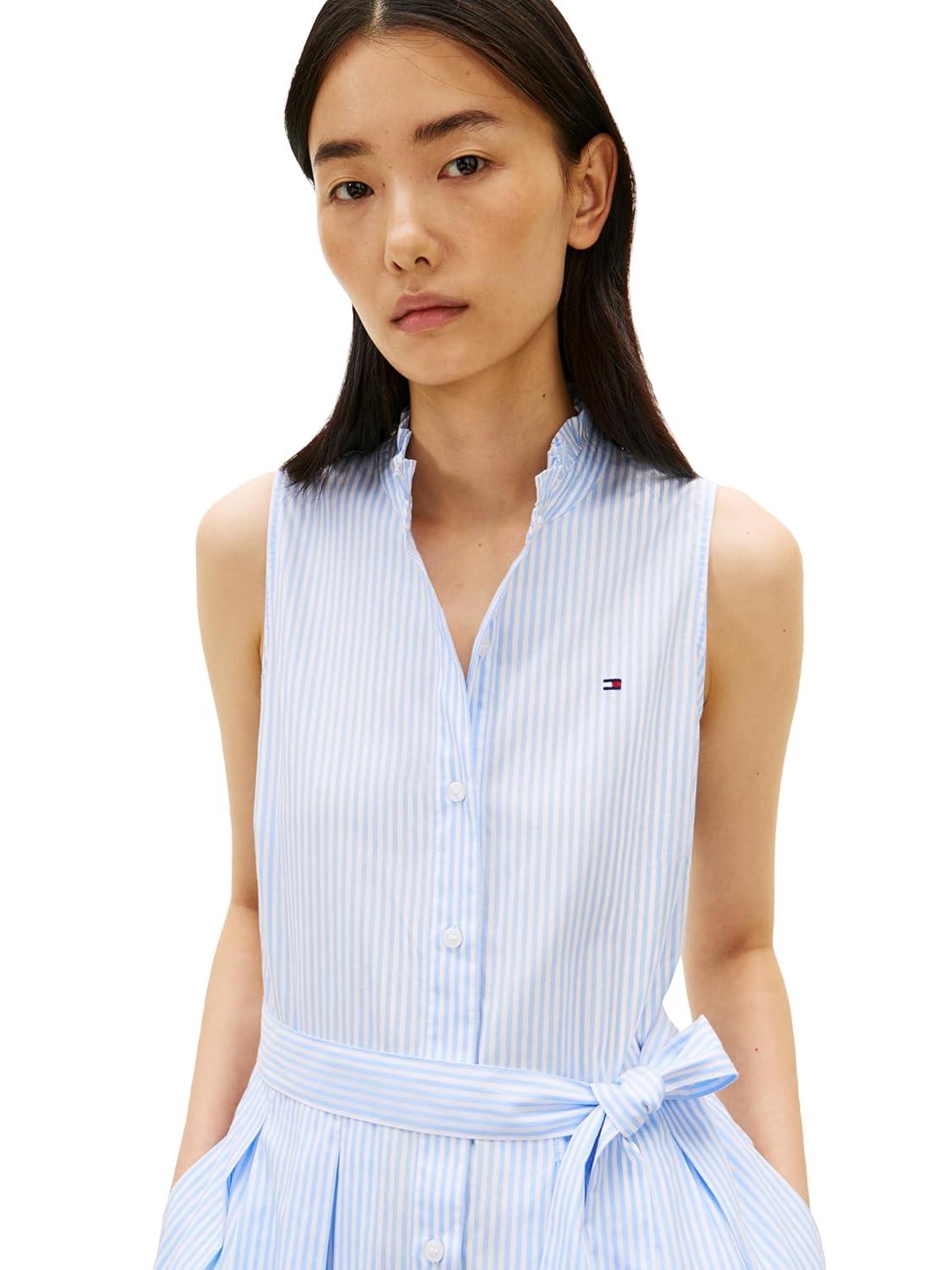 imageTommy Hilfiger Womens Poplin Frill Sleeveless Shirt DressClassic Ithaca White Vessel Blue