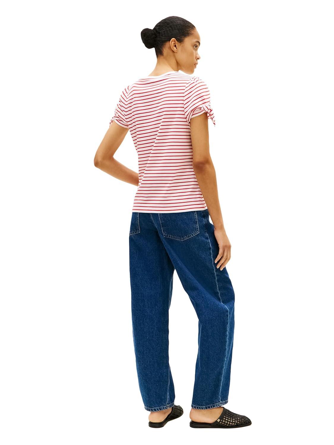 imageTommy Hilfiger Womens Short Sleeve Cotton Crew Neck TShirt with Bow Tie DetailBreton Stripe EcruFireworks