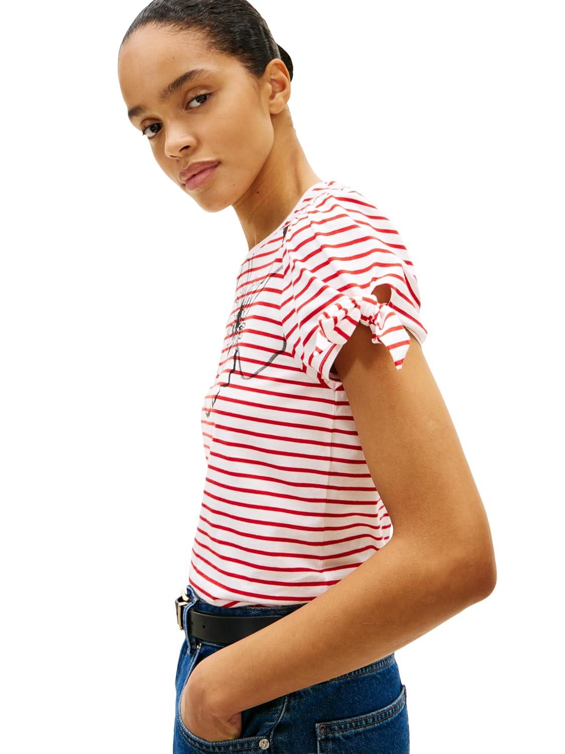 imageTommy Hilfiger Womens Short Sleeve Cotton Crew Neck TShirt with Bow Tie DetailBreton Stripe EcruFireworks