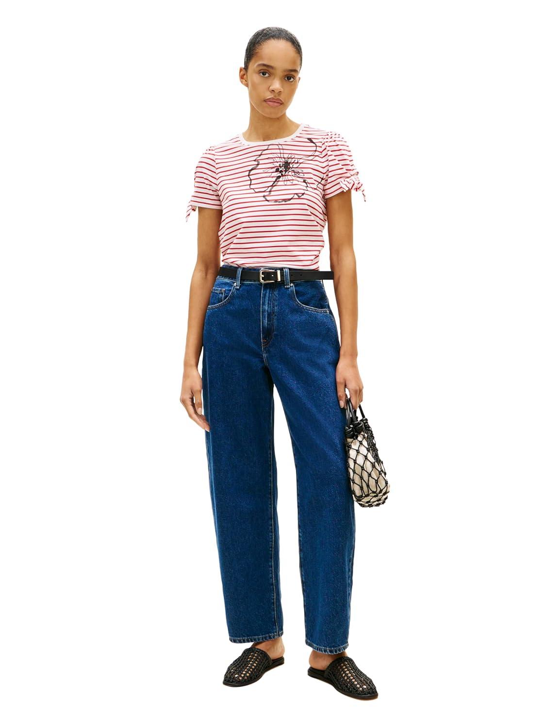 imageTommy Hilfiger Womens Short Sleeve Cotton Crew Neck TShirt with Bow Tie DetailBreton Stripe EcruFireworks