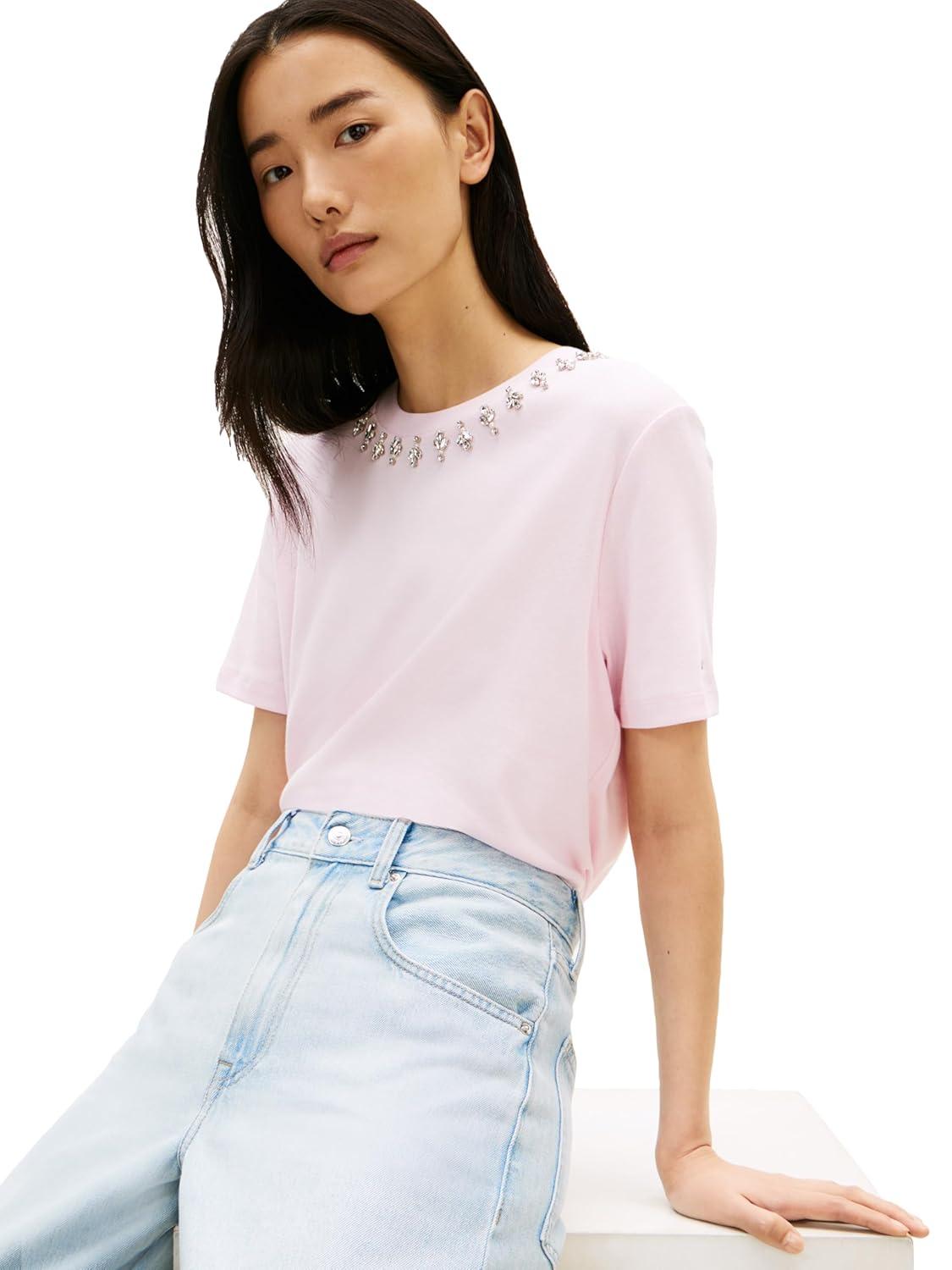 imageTommy Hilfiger Womens Short Sleeve Cotton Crew Neck TShirt with Collar EmbellishmentLight Pink