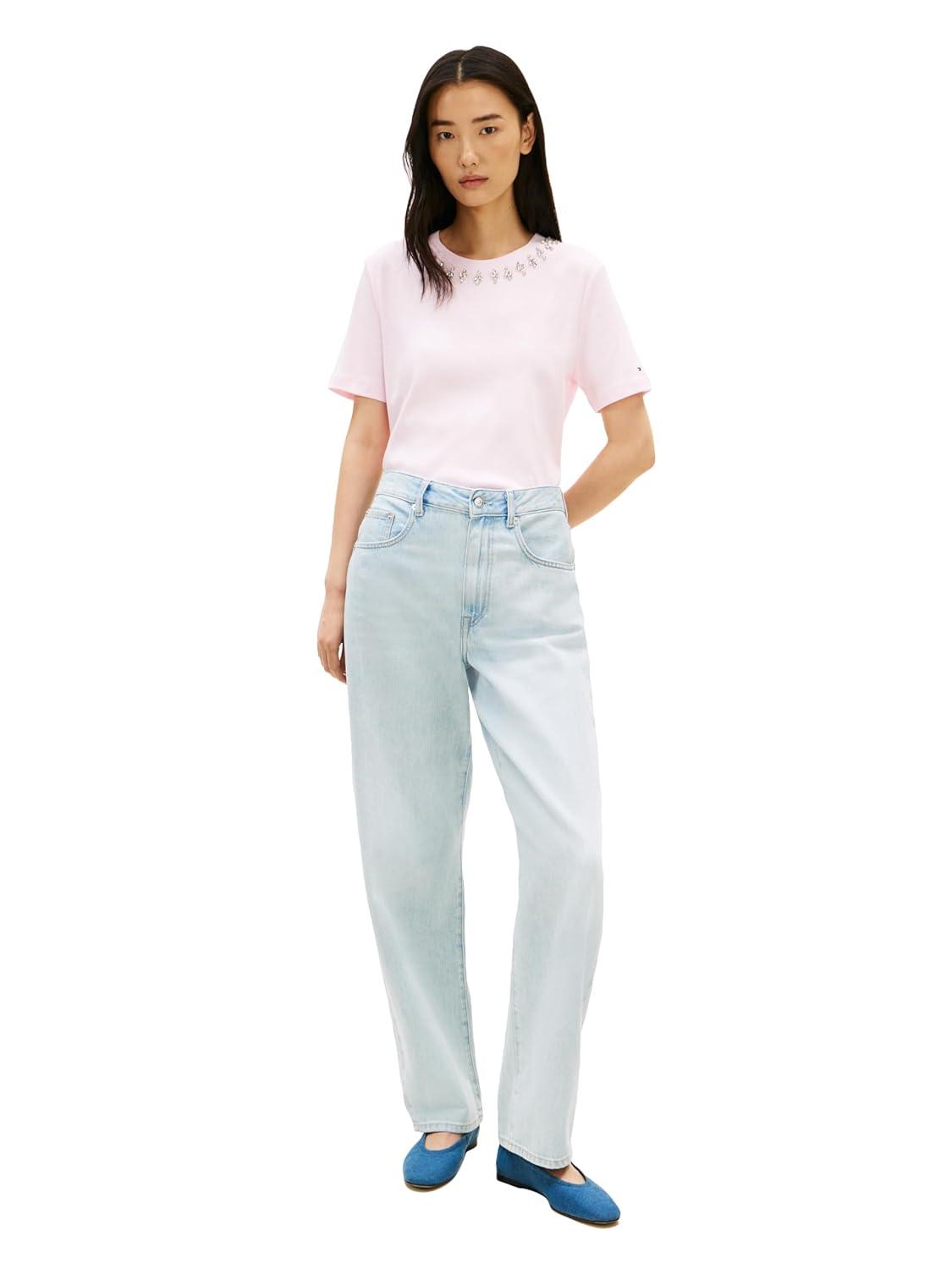 imageTommy Hilfiger Womens Short Sleeve Cotton Crew Neck TShirt with Collar EmbellishmentLight Pink