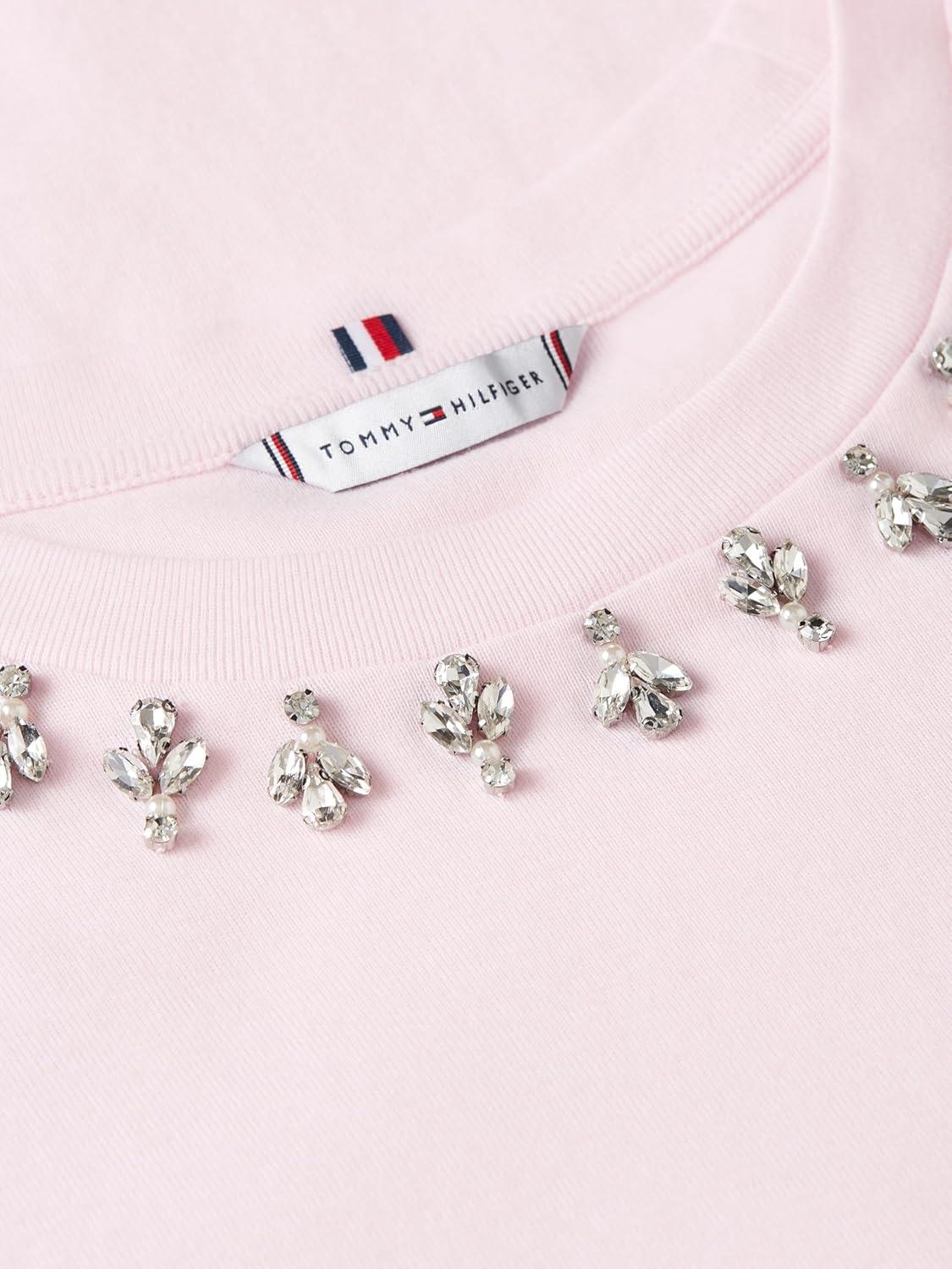 imageTommy Hilfiger Womens Short Sleeve Cotton Crew Neck TShirt with Collar EmbellishmentLight Pink