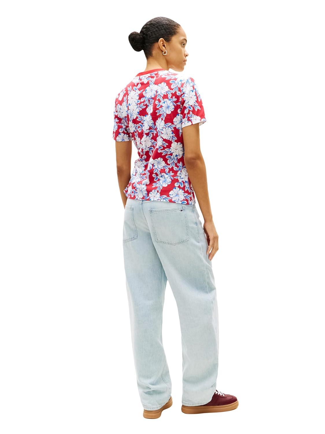 imageTommy Hilfiger Womens Short Sleeve Cotton Crew Neck TShirt with Tie Knot DetailDense Hibiscus Primary Red