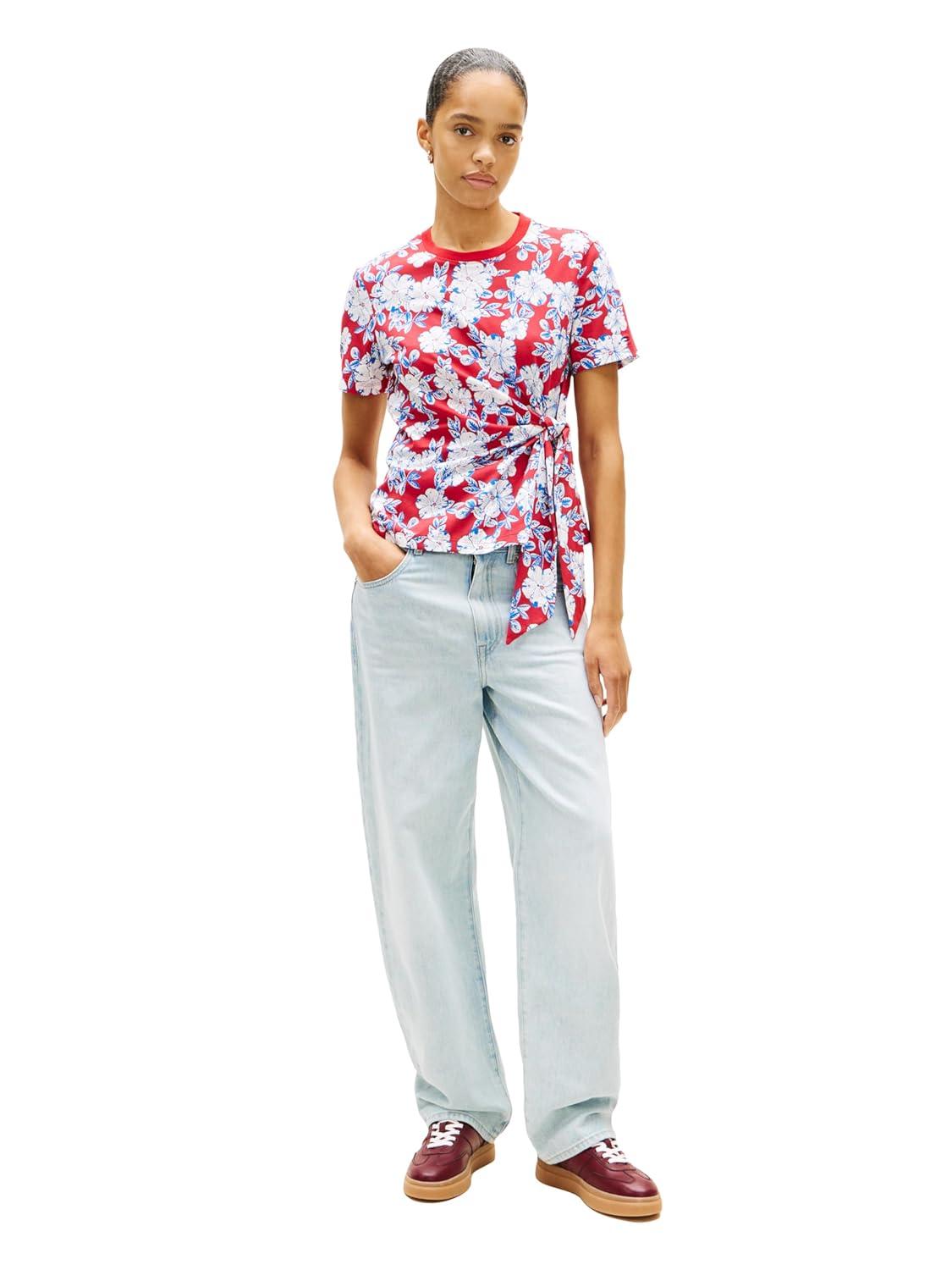 imageTommy Hilfiger Womens Short Sleeve Cotton Crew Neck TShirt with Tie Knot DetailDense Hibiscus Primary Red