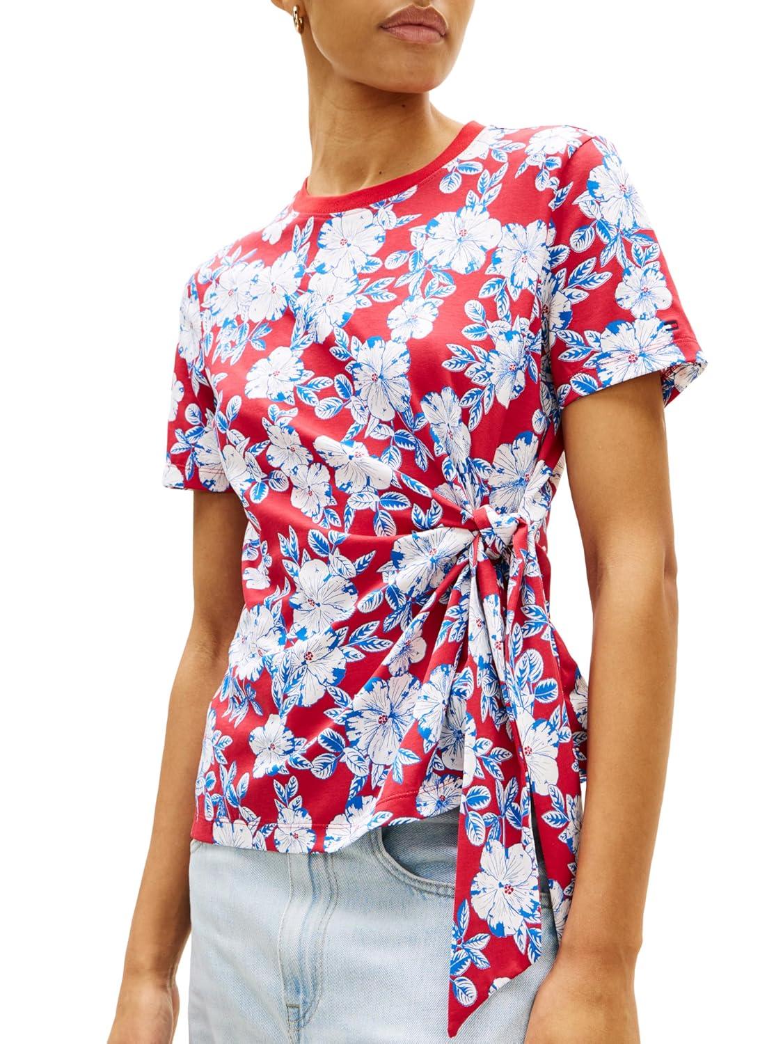 imageTommy Hilfiger Womens Short Sleeve Cotton Crew Neck TShirt with Tie Knot DetailDense Hibiscus Primary Red