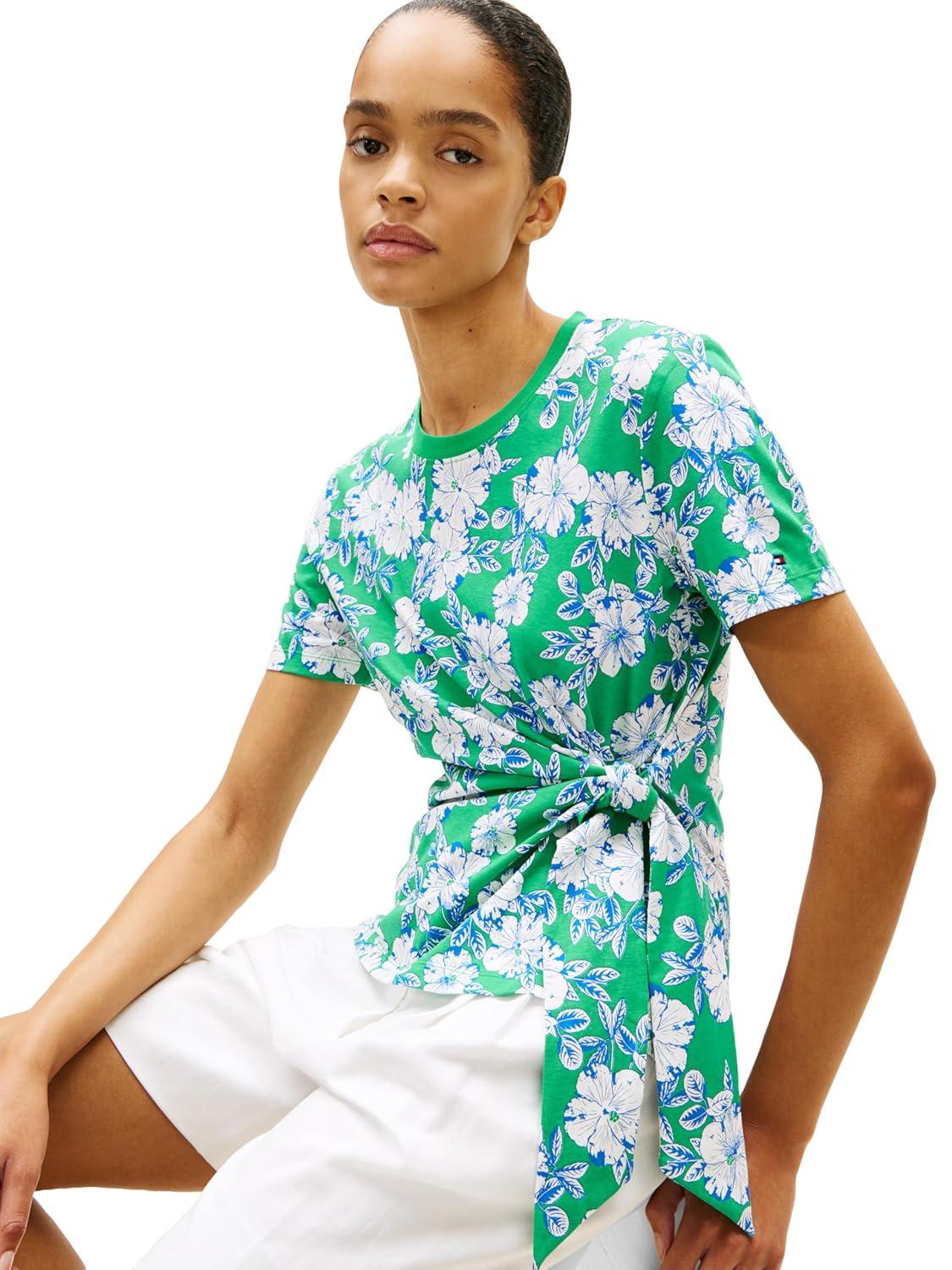 imageTommy Hilfiger Womens Short Sleeve Cotton Crew Neck TShirt with Tie Knot DetailDense Hibiscus Jade Wink
