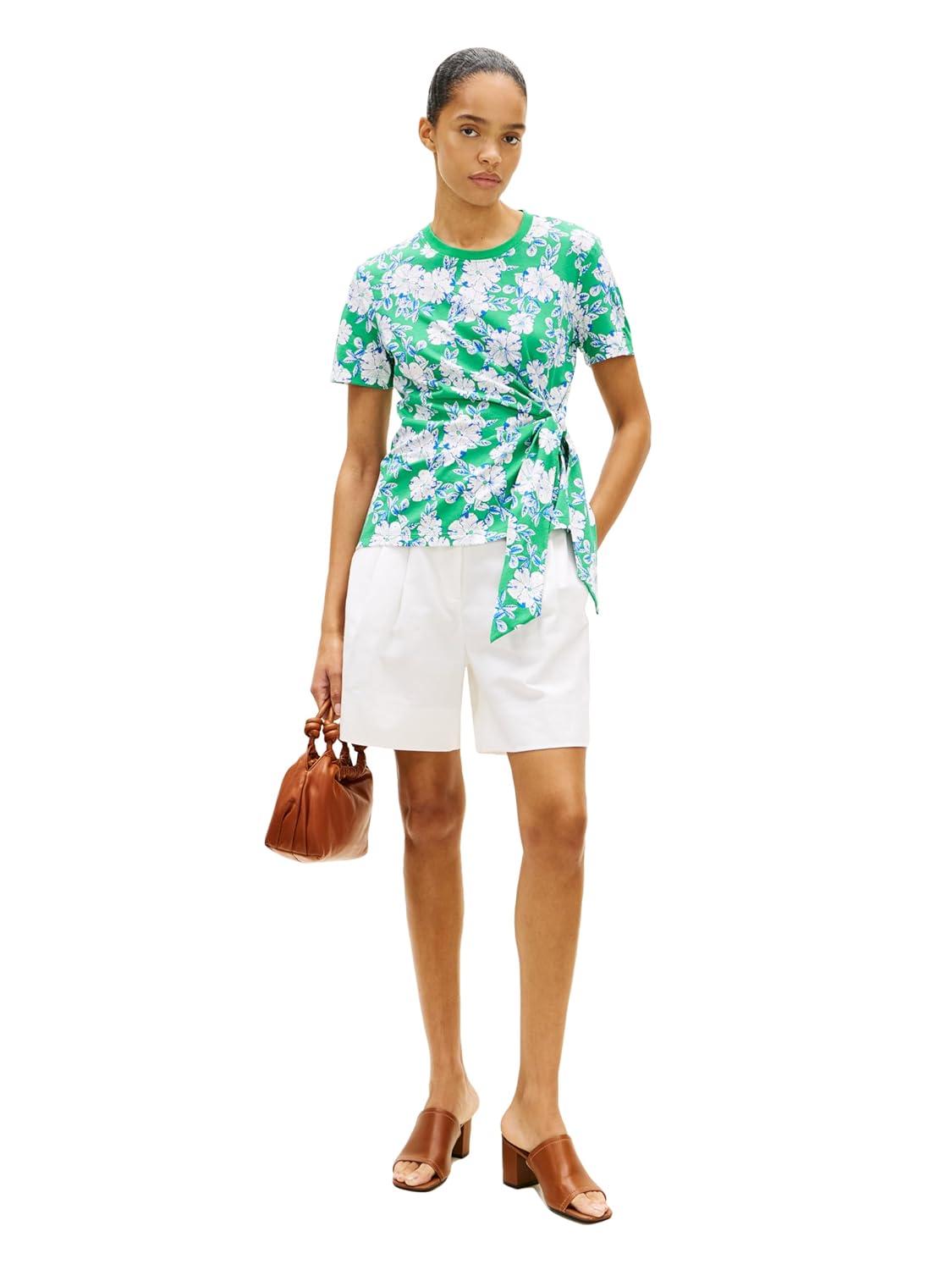 imageTommy Hilfiger Womens Short Sleeve Cotton Crew Neck TShirt with Tie Knot DetailDense Hibiscus Jade Wink