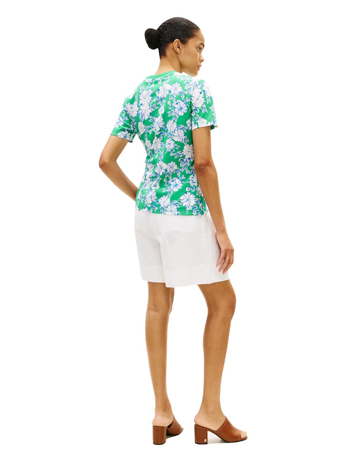 imageTommy Hilfiger Womens Short Sleeve Cotton Crew Neck TShirt with Tie Knot DetailDense Hibiscus Jade Wink