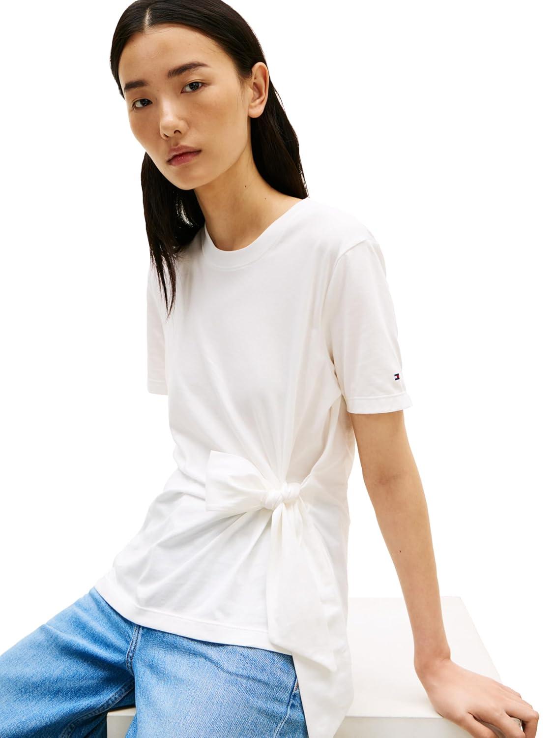 imageTommy Hilfiger Womens Short Sleeve Cotton Crew Neck TShirt with Tie Knot DetailEcru