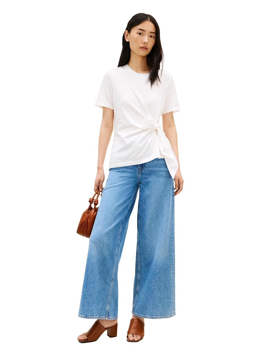 imageTommy Hilfiger Womens Short Sleeve Cotton Crew Neck TShirt with Tie Knot DetailEcru