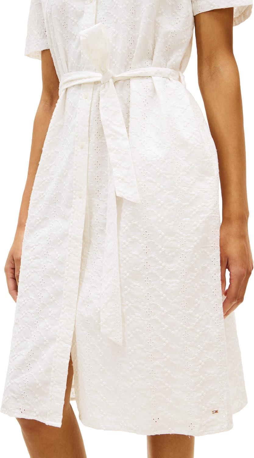 imageTommy Hilfiger Womens Short Sleeve Cotton Eyelet Dress with Waist Tie DetailEcru