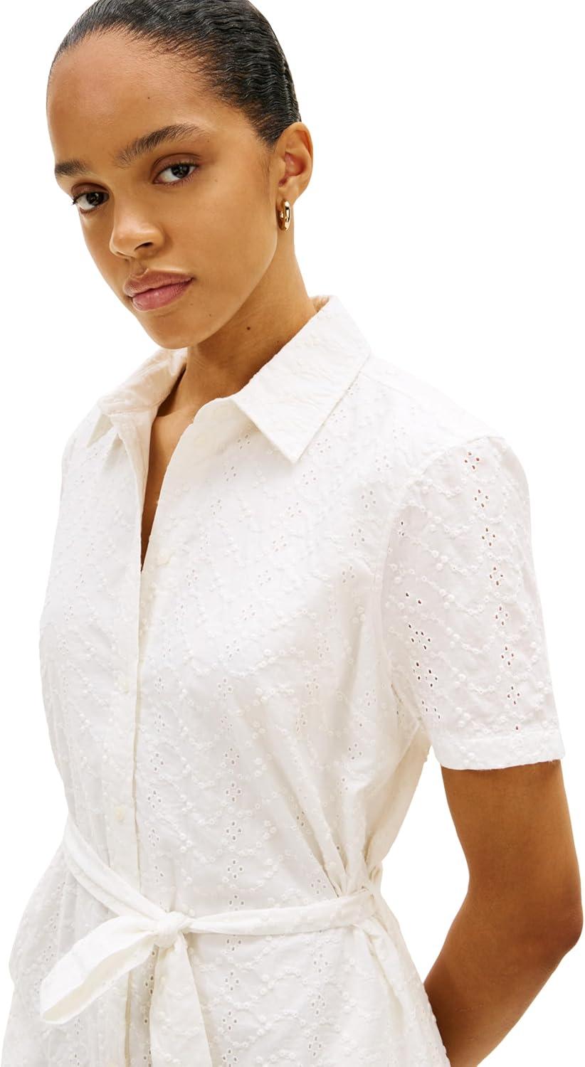 imageTommy Hilfiger Womens Short Sleeve Cotton Eyelet Dress with Waist Tie DetailEcru