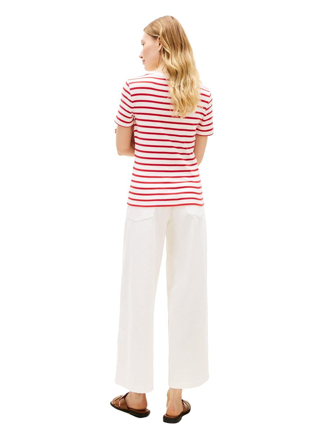 imageTommy Hilfiger Womens Short Sleeve Cotton Graphic Crew Neck TShirt with Button Embellished Shoulder DesignBreton Stripe EcruFireworks