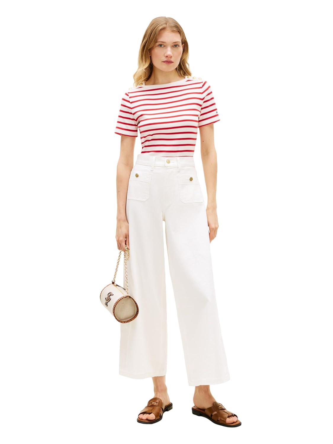 imageTommy Hilfiger Womens Short Sleeve Cotton Graphic Crew Neck TShirt with Button Embellished Shoulder DesignBreton Stripe EcruFireworks