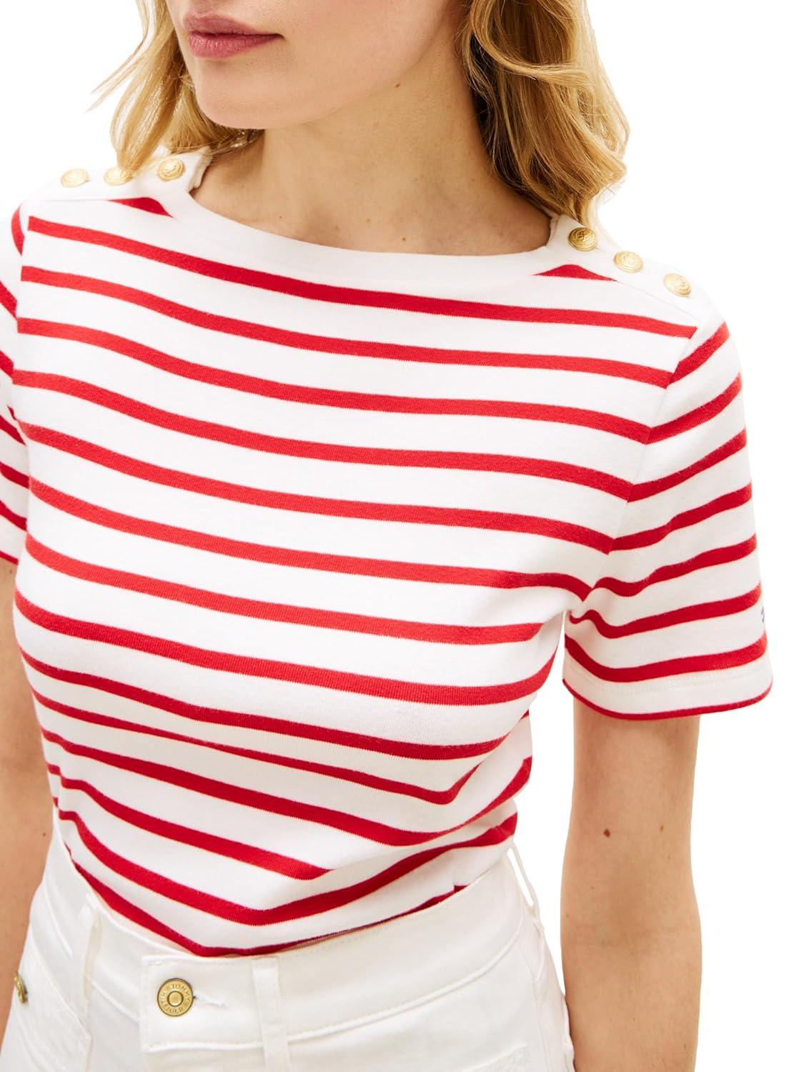 imageTommy Hilfiger Womens Short Sleeve Cotton Graphic Crew Neck TShirt with Button Embellished Shoulder DesignBreton Stripe EcruFireworks