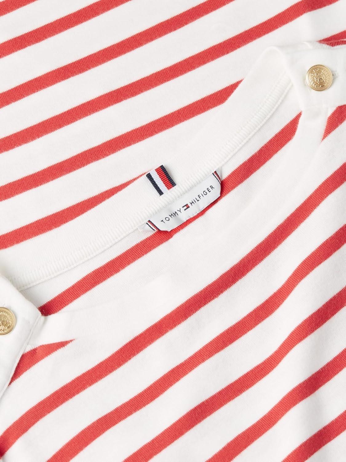 imageTommy Hilfiger Womens Short Sleeve Cotton Graphic Crew Neck TShirt with Button Embellished Shoulder DesignBreton Stripe EcruFireworks