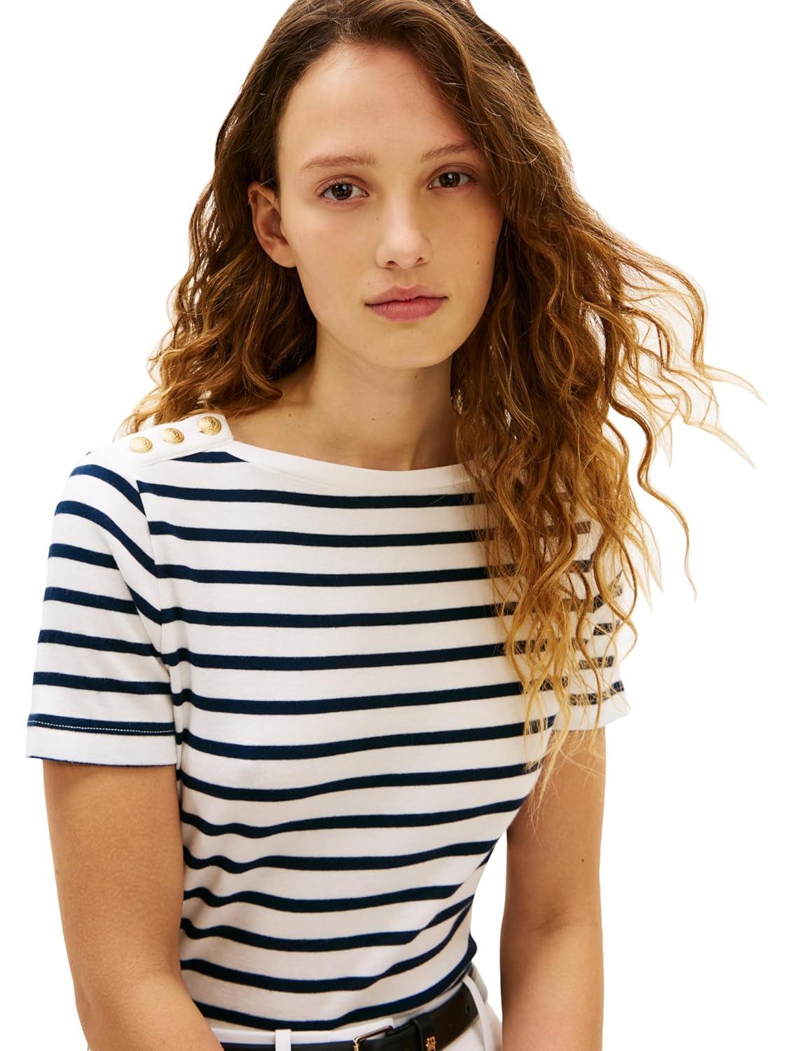 imageTommy Hilfiger Womens Short Sleeve Cotton Graphic Crew Neck TShirt with Button Embellished Shoulder DesignDark Night Navy Ecru Stripe