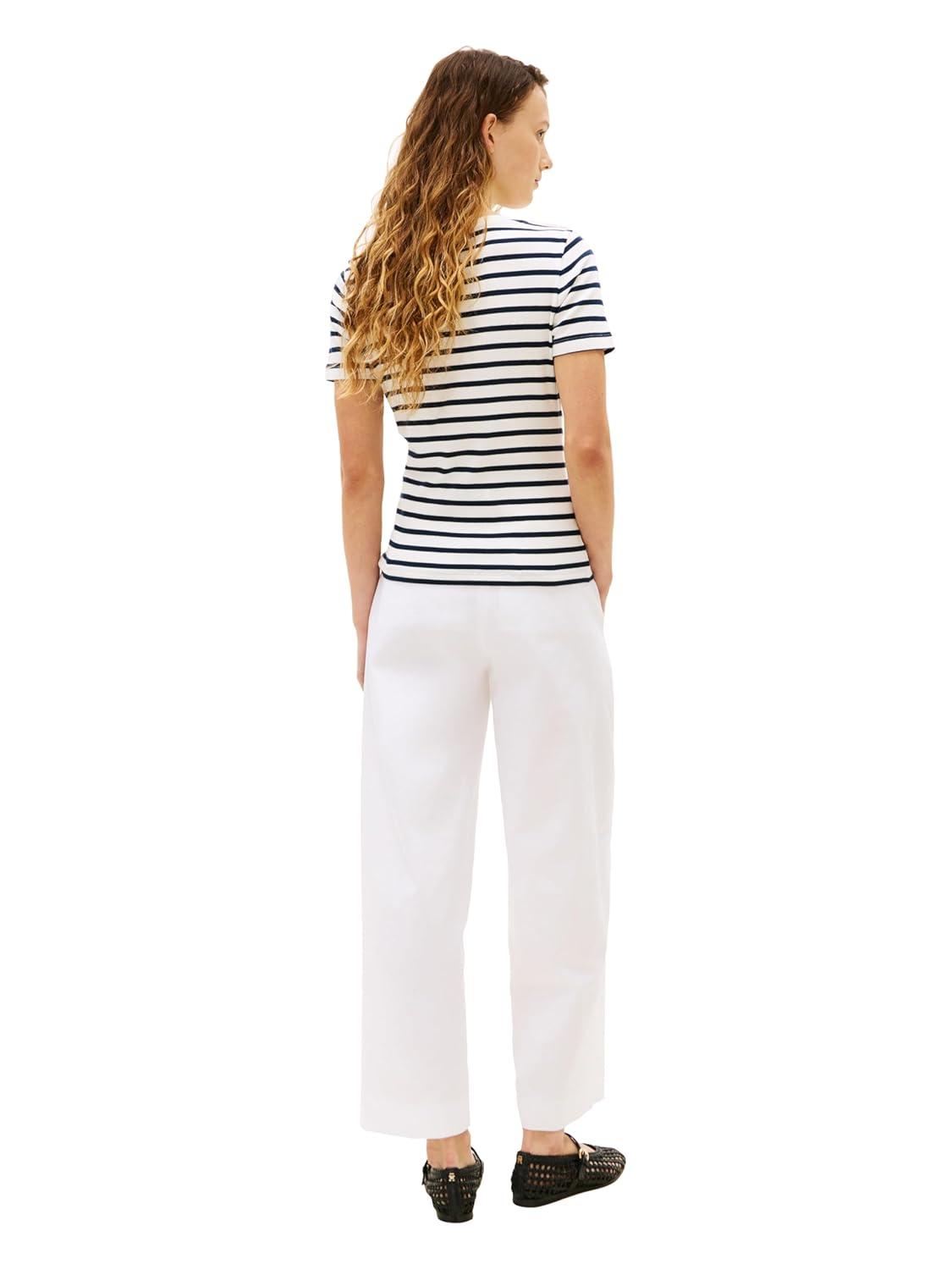 imageTommy Hilfiger Womens Short Sleeve Cotton Graphic Crew Neck TShirt with Button Embellished Shoulder DesignDark Night Navy Ecru Stripe