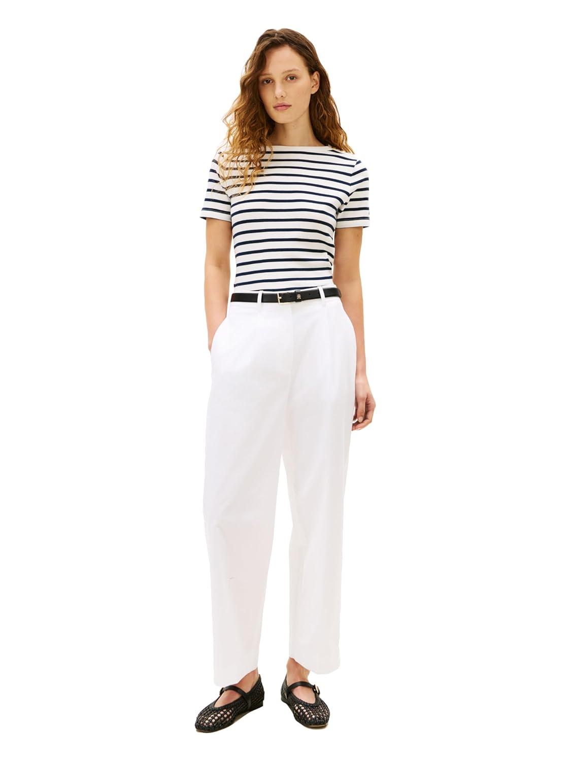 imageTommy Hilfiger Womens Short Sleeve Cotton Graphic Crew Neck TShirt with Button Embellished Shoulder DesignDark Night Navy Ecru Stripe