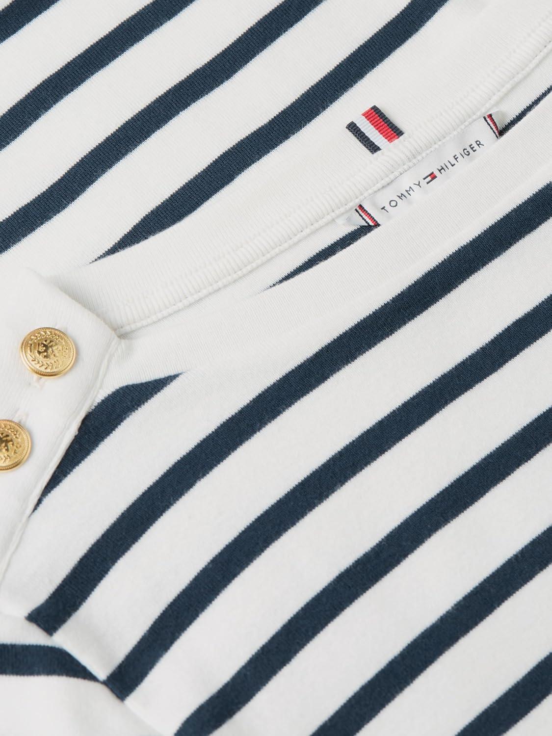 imageTommy Hilfiger Womens Short Sleeve Cotton Graphic Crew Neck TShirt with Button Embellished Shoulder DesignDark Night Navy Ecru Stripe