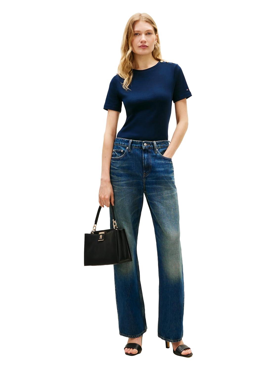 imageTommy Hilfiger Womens Short Sleeve Cotton Graphic Crew Neck TShirt with Button Embellished Shoulder DesignDark Night Navy