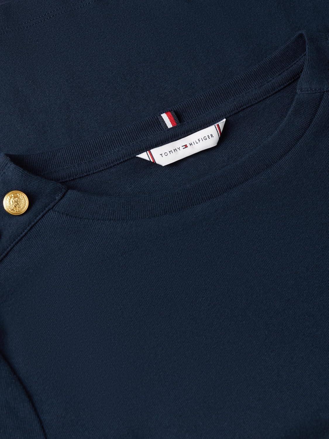 imageTommy Hilfiger Womens Short Sleeve Cotton Graphic Crew Neck TShirt with Button Embellished Shoulder DesignDark Night Navy