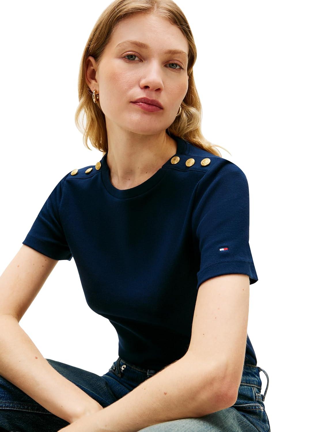 imageTommy Hilfiger Womens Short Sleeve Cotton Graphic Crew Neck TShirt with Button Embellished Shoulder DesignDark Night Navy