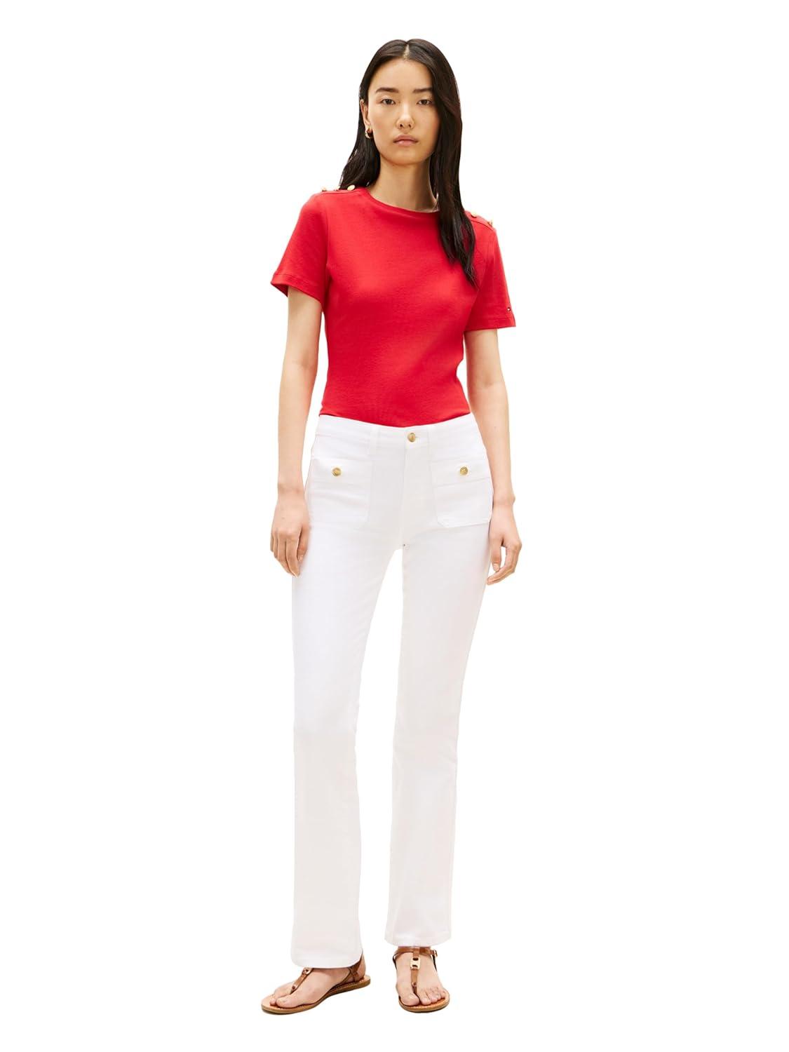 imageTommy Hilfiger Womens Short Sleeve Cotton Graphic Crew Neck TShirt with Button Embellished Shoulder DesignPrimary Red