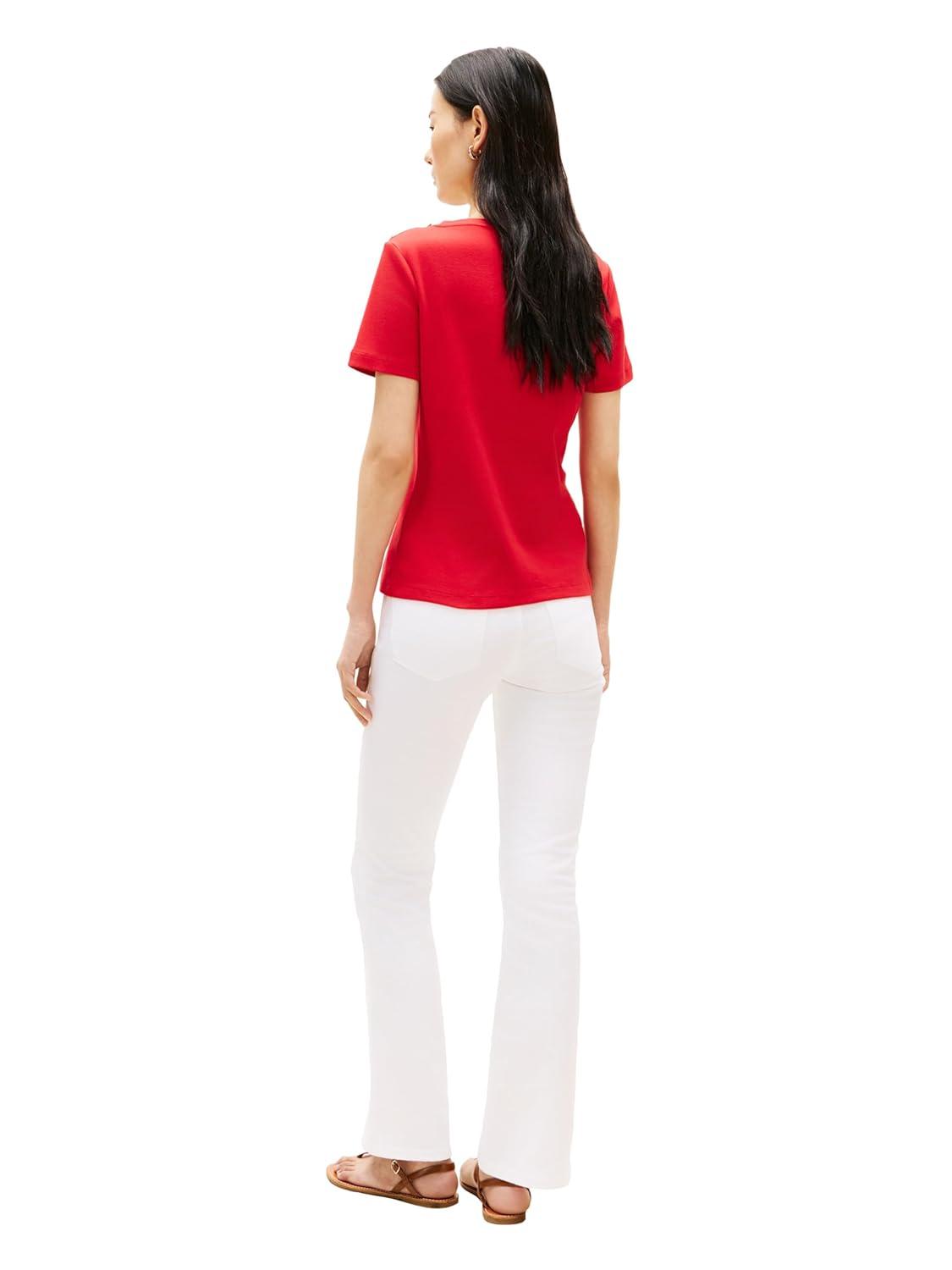 imageTommy Hilfiger Womens Short Sleeve Cotton Graphic Crew Neck TShirt with Button Embellished Shoulder DesignPrimary Red