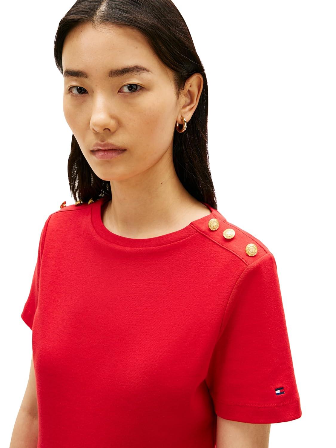 imageTommy Hilfiger Womens Short Sleeve Cotton Graphic Crew Neck TShirt with Button Embellished Shoulder DesignPrimary Red