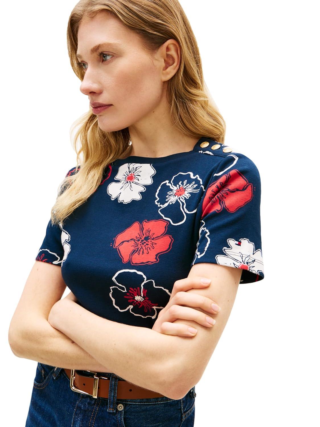 imageTommy Hilfiger Womens Short Sleeve Cotton Graphic Crew Neck TShirt with Button Embellished Shoulder DesignSolid Poppy Dark Night Navy