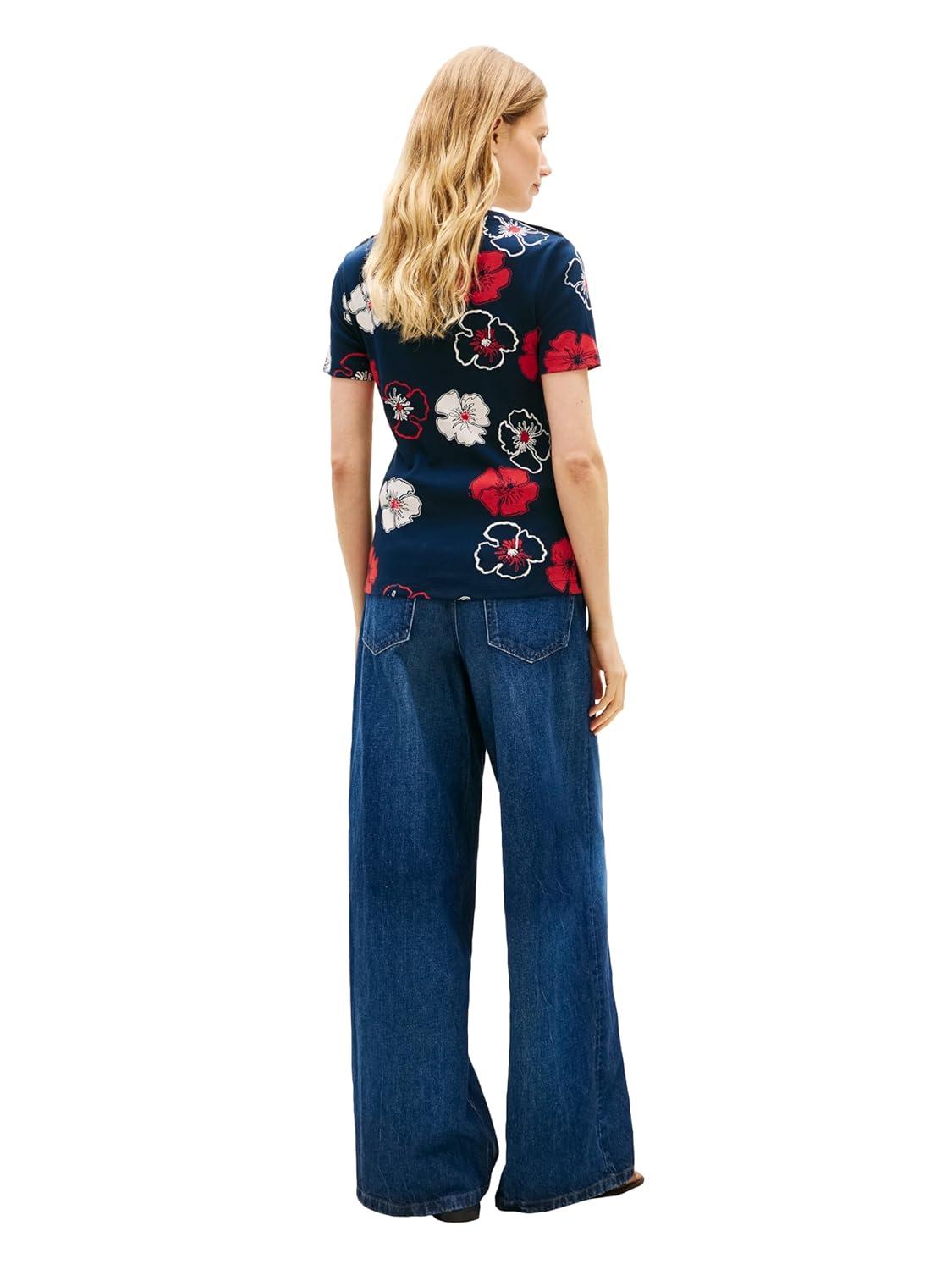 imageTommy Hilfiger Womens Short Sleeve Cotton Graphic Crew Neck TShirt with Button Embellished Shoulder DesignSolid Poppy Dark Night Navy