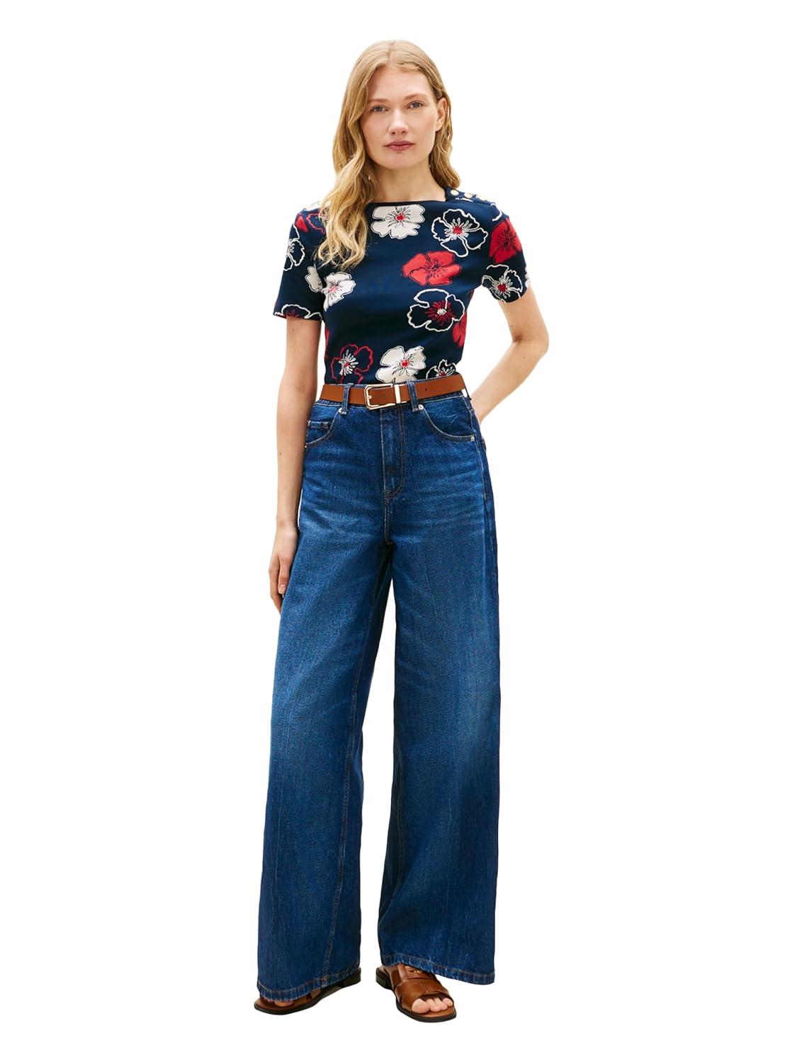 imageTommy Hilfiger Womens Short Sleeve Cotton Graphic Crew Neck TShirt with Button Embellished Shoulder DesignSolid Poppy Dark Night Navy