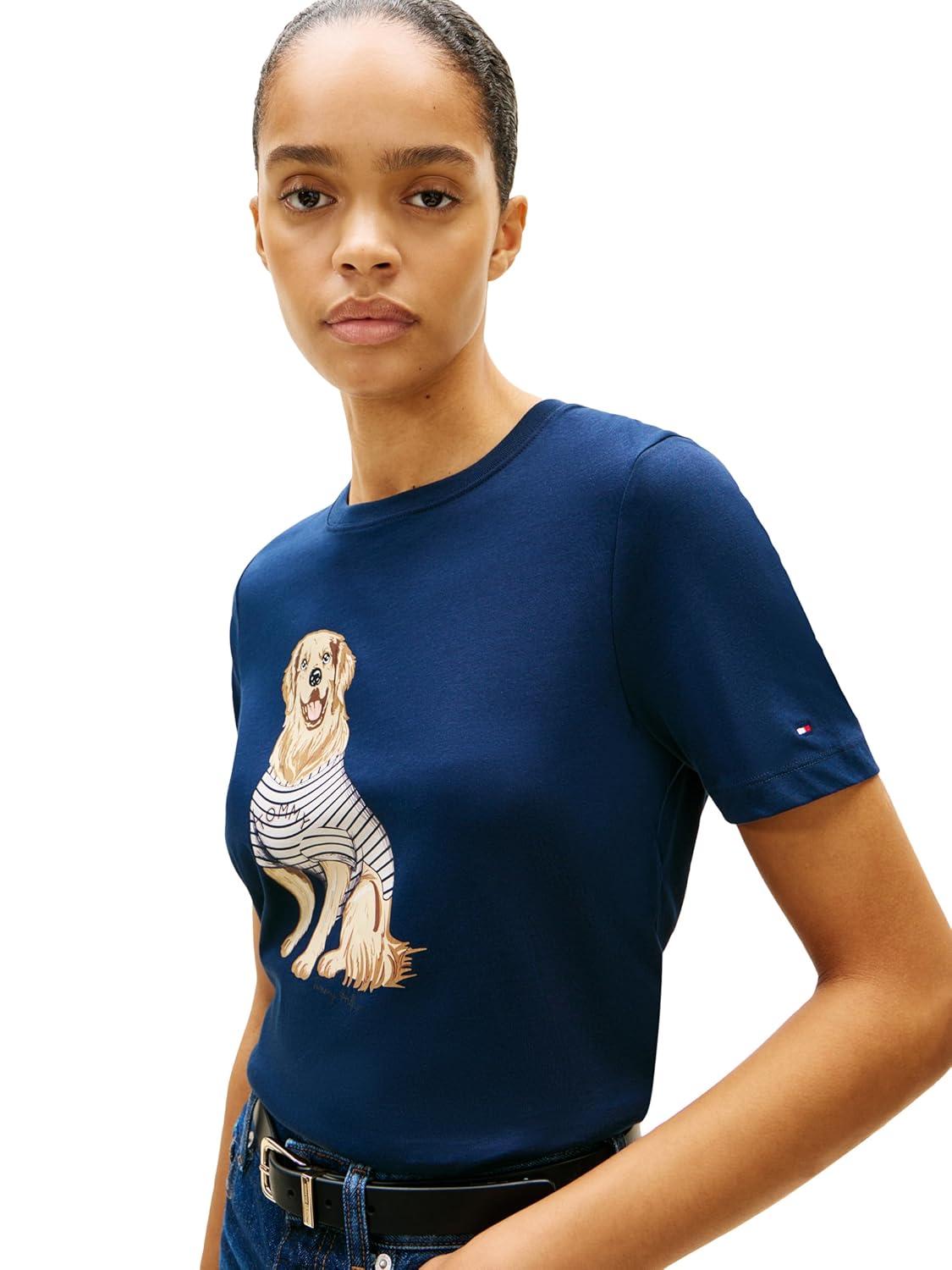 imageTommy Hilfiger Womens Short Sleeve Cotton Graphic Crew Neck TShirts with Printed Dog Graphic Dog Mom ShirtDark Night Navy